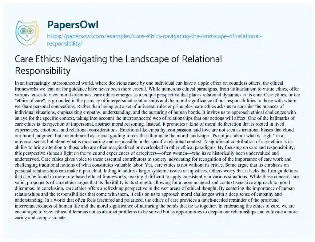 Essay on Care Ethics: Navigating the Landscape of Relational Responsibility