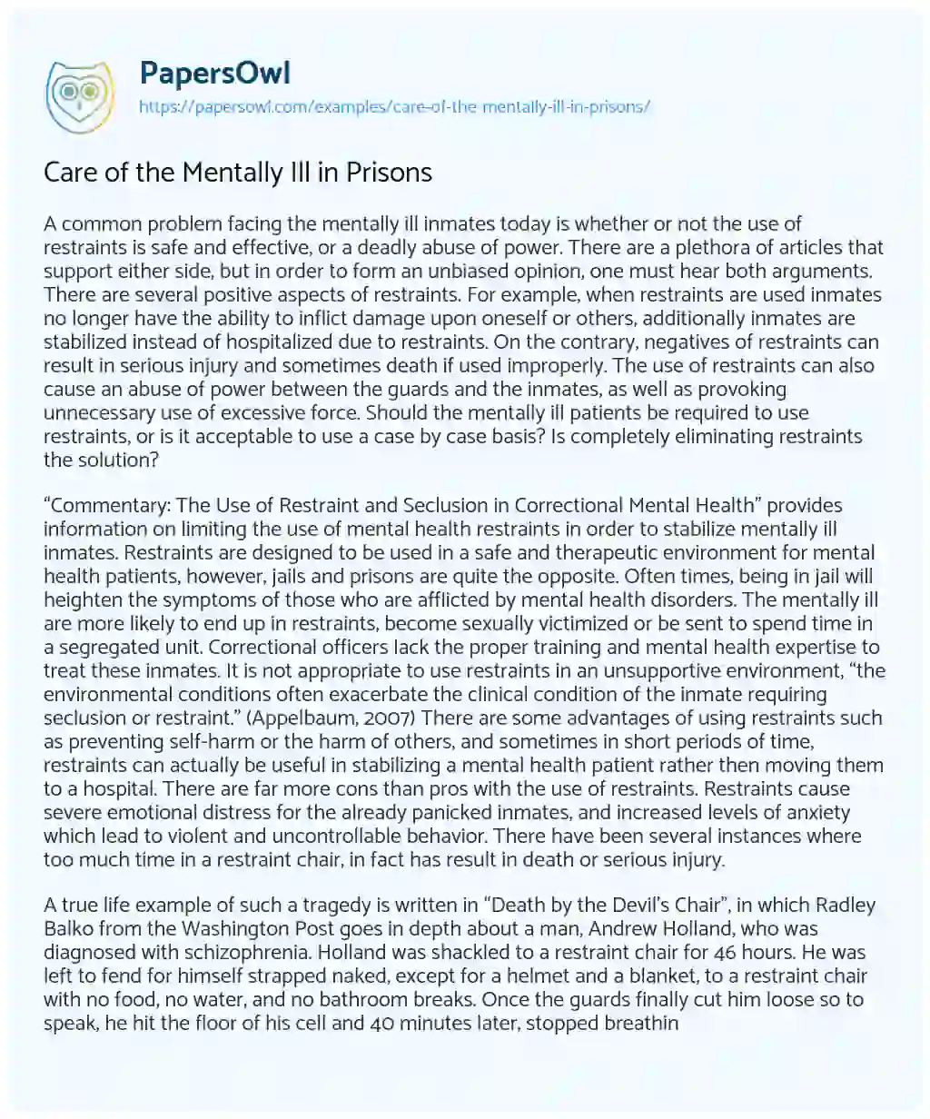 Essay on Care of the Mentally Ill in Prisons