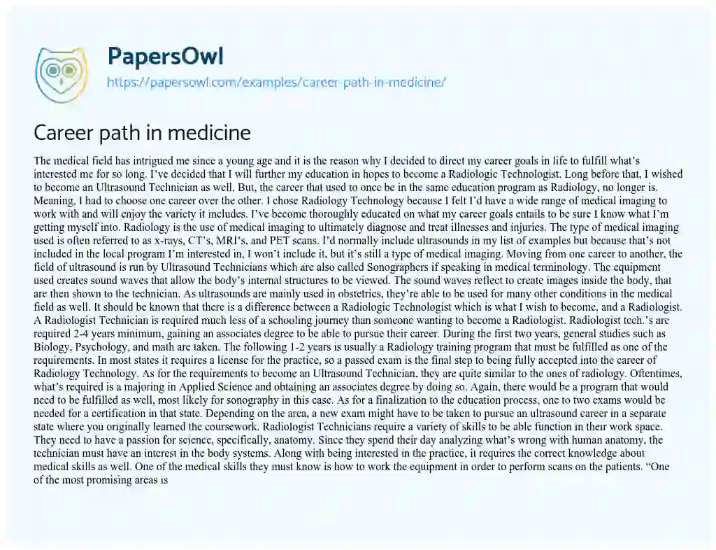Essay on Career Path in Medicine