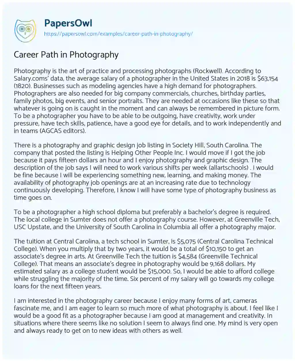 Essay on Career Path in Photography
