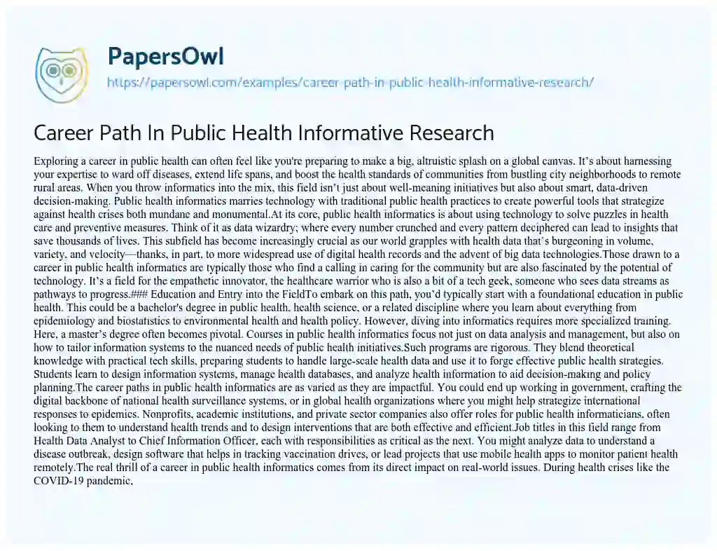 Essay on Career Path in Public Health Informative Research