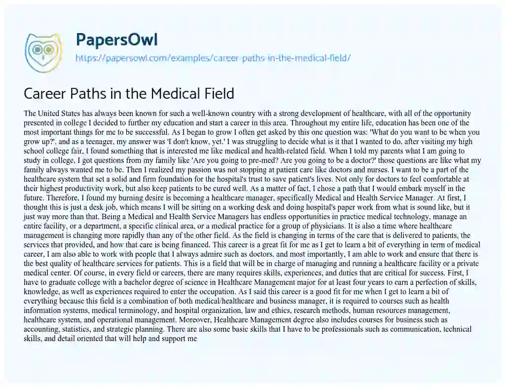 Essay on Career Paths in the Medical Field