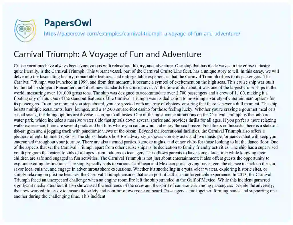 Essay on Carnival Triumph: a Voyage of Fun and Adventure