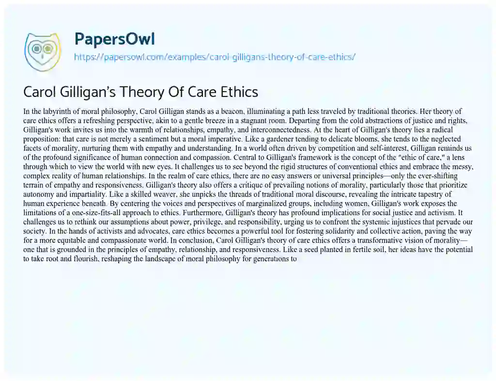 Essay on Carol Gilligan’s Theory of Care Ethics