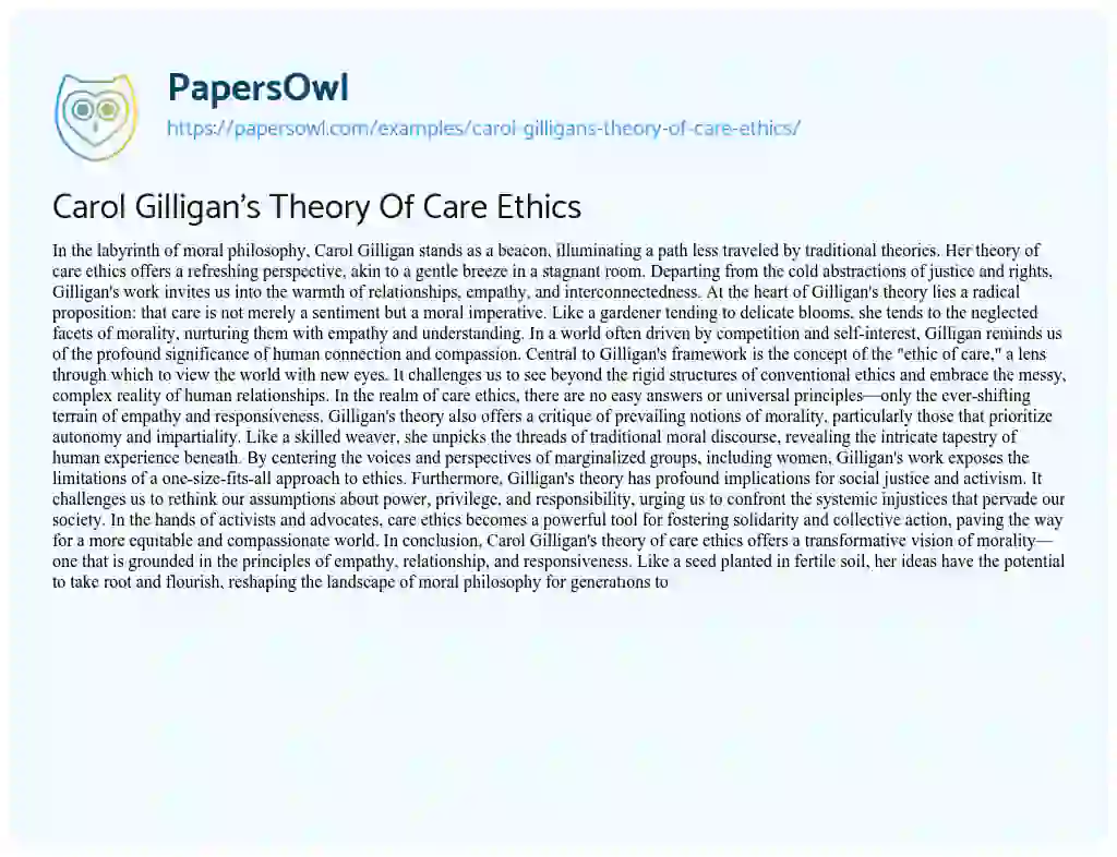 Essay on Carol Gilligan’s Theory Of Care Ethics
