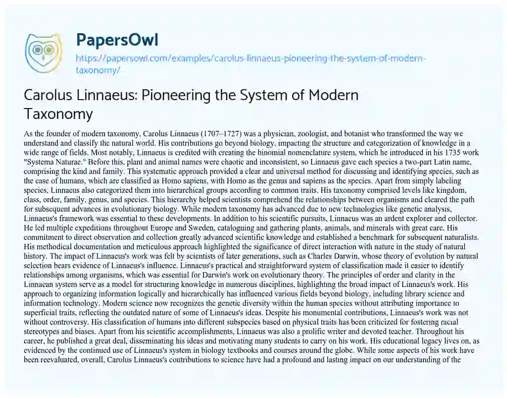 Essay on Carolus Linnaeus: Pioneering the System of Modern Taxonomy