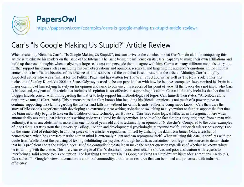 Carr’s “Is Google Making Us Stupid?” Article Review essay
