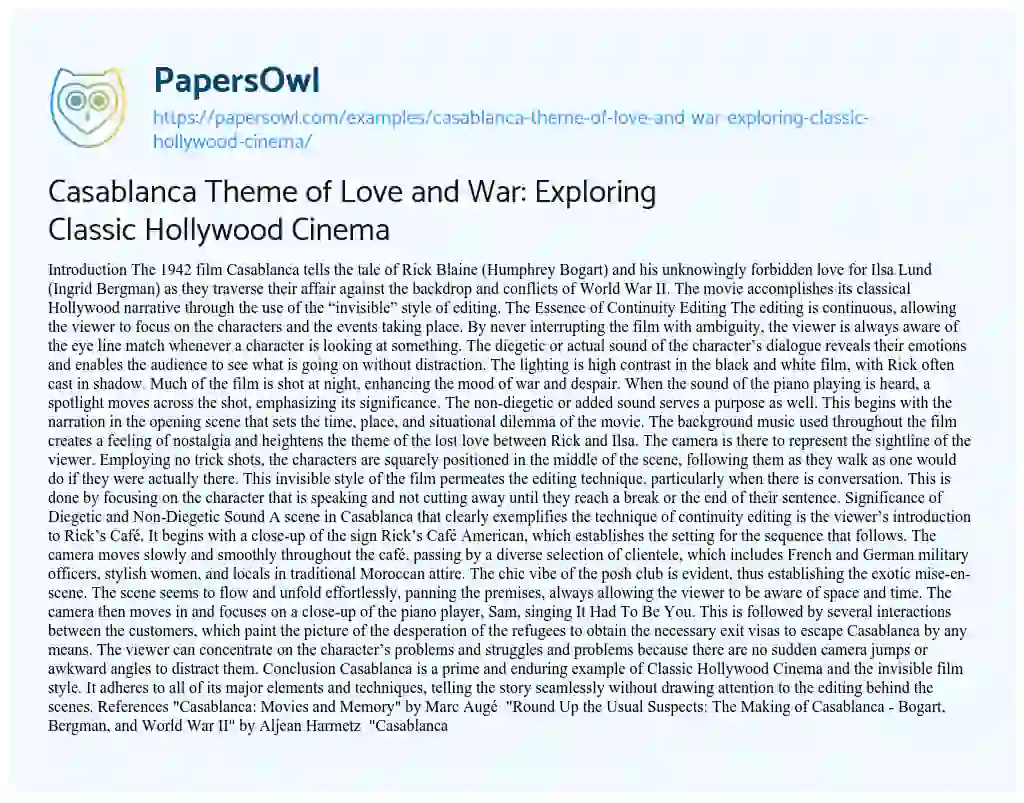 Essay on Casablanca Theme of Love and War: Exploring Classic Hollywood Cinema
