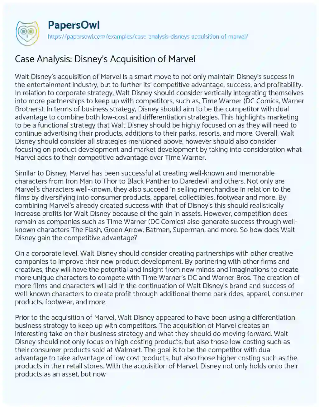 Essay on Case Analysis: Disney’s Acquisition of Marvel