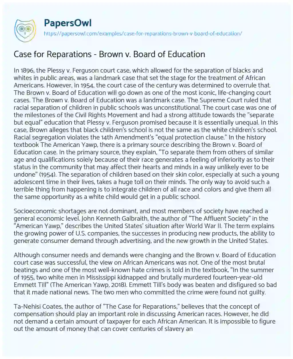 Essay on Case for Reparations – Brown V. Board of Education