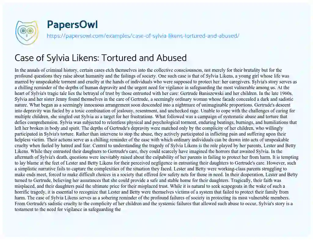 Essay on Case of Sylvia Likens: Tortured and Abused