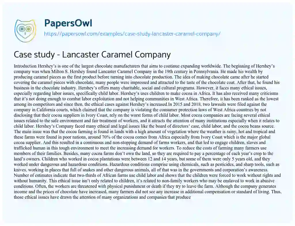 Essay on Case Study – Lancaster Caramel Company
