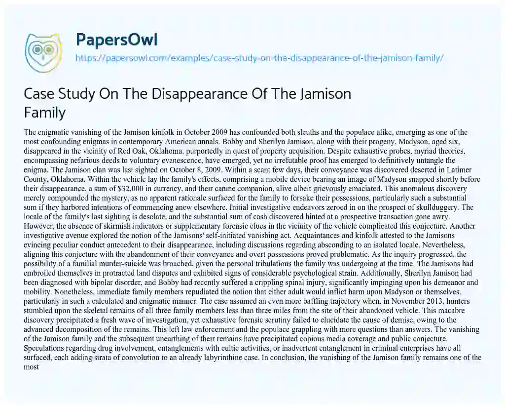 Essay on Case Study on the Disappearance of the Jamison Family
