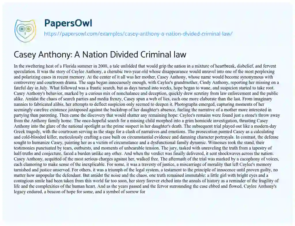 Essay on Casey Anthony: a Nation Divided Criminal Law