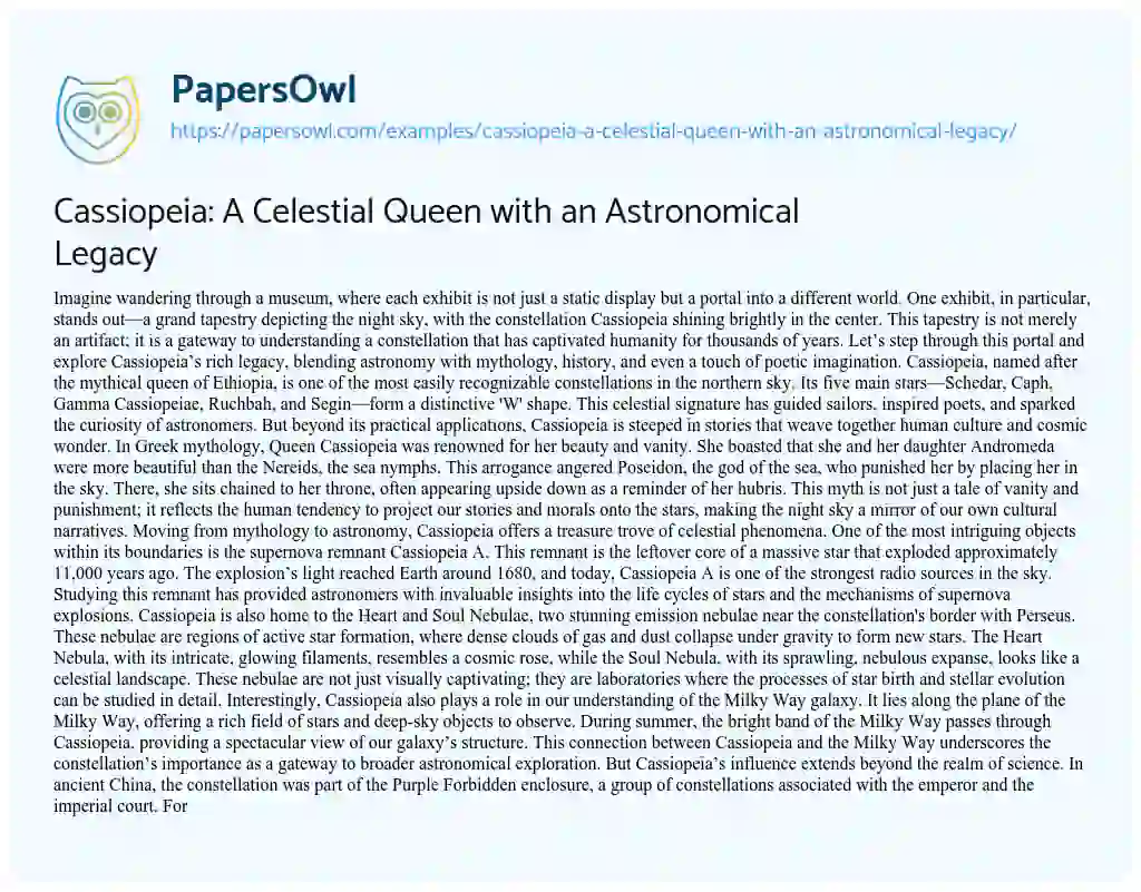 Essay on Cassiopeia: a Celestial Queen with an Astronomical Legacy