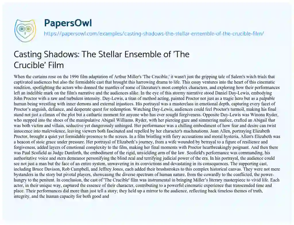 Essay on Casting Shadows: the Stellar Ensemble of ‘The Crucible’ Film