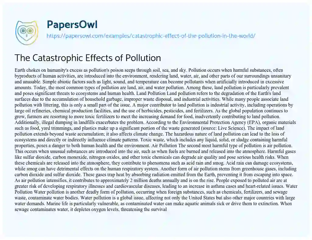 Essay on Catastrophic Effect of the Pollution in the World