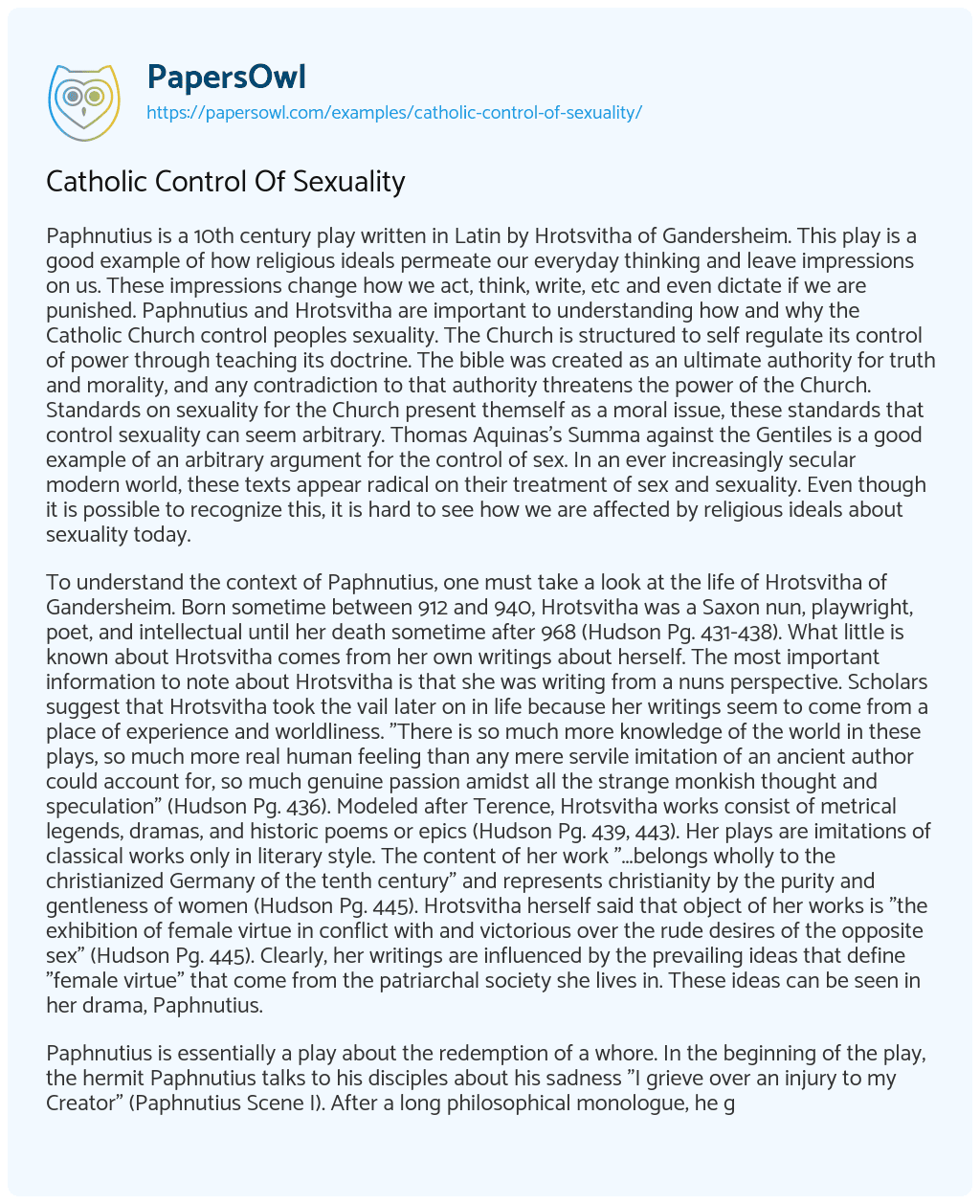Essay on Catholic Control of Sexuality