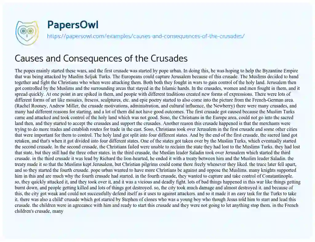 Essay on Causes and Consequences of the Crusades