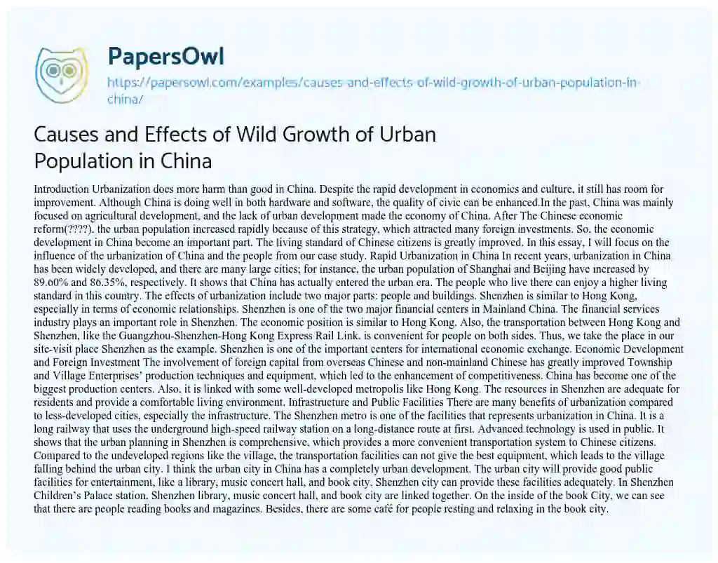 Essay on Causes and Effects of Wild Growth of Urban Population in China