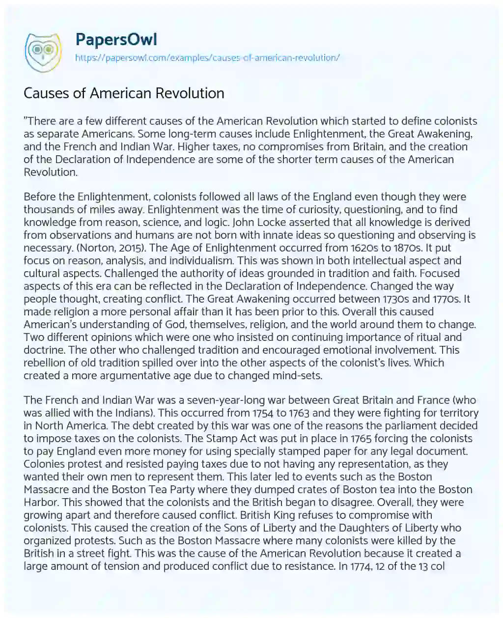 Essay on Causes of American Revolution