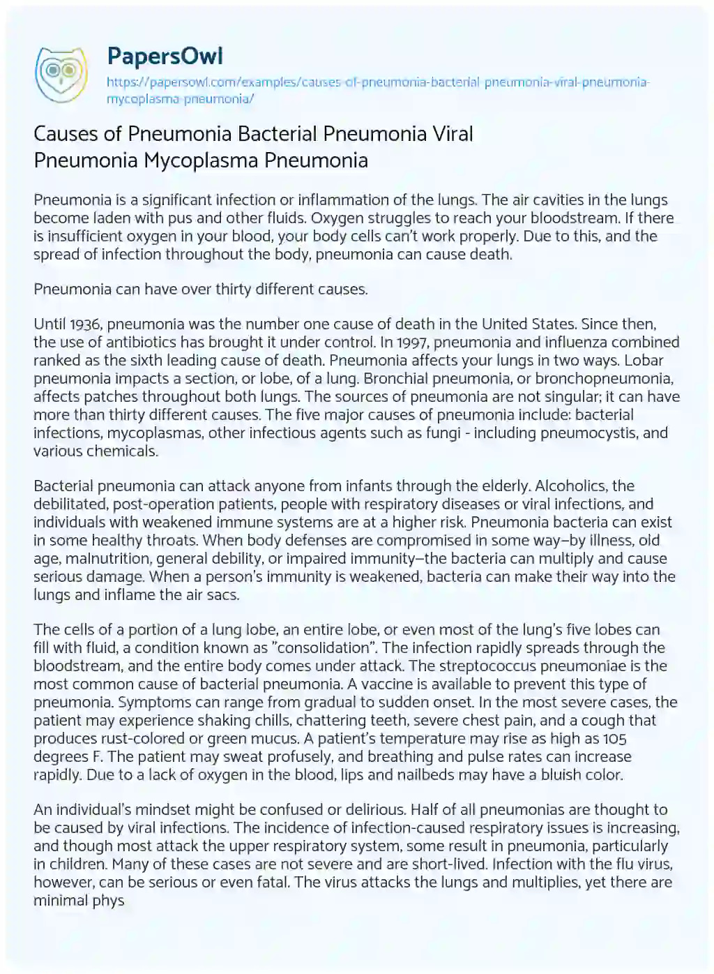 Causes of Pneumonia Bacterial Pneumonia Viral Pneumonia Mycoplasma Pneumonia essay