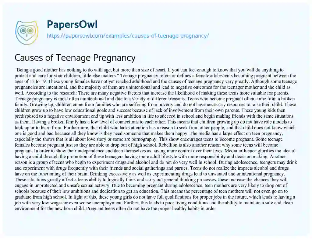 Essay on Causes of Teenage Pregnancy