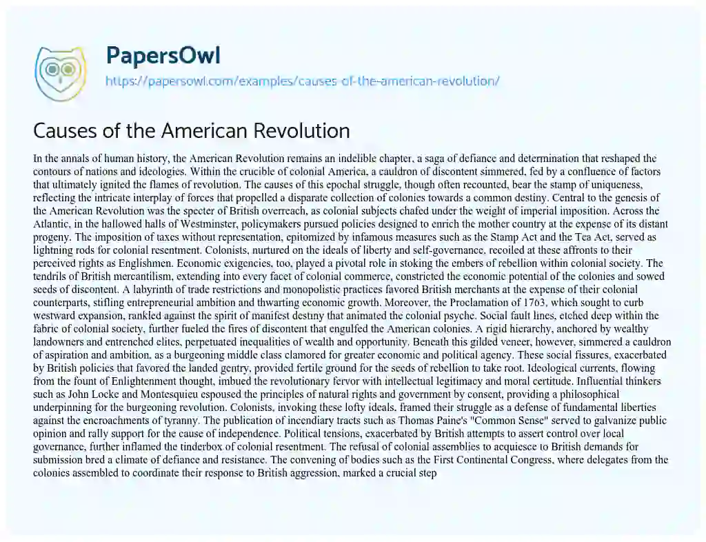 Essay on Causes of the American Revolution