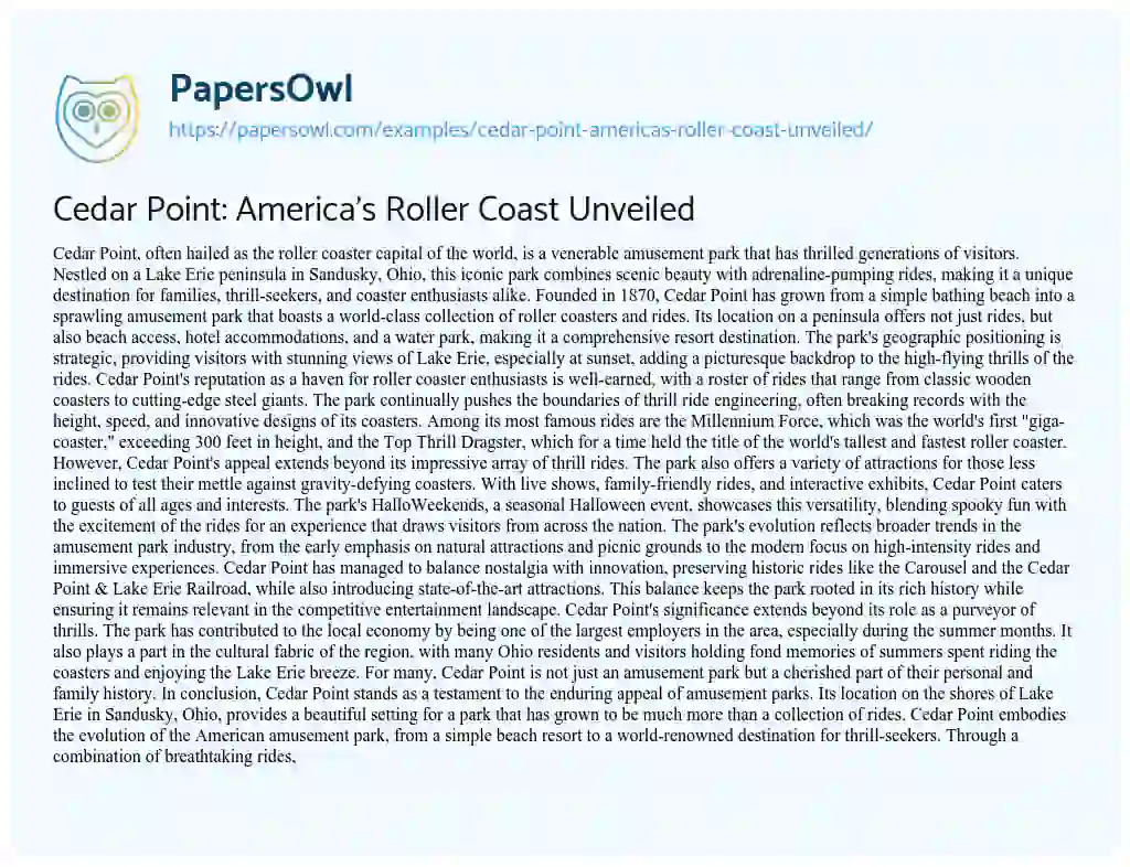 Essay on Cedar Point: America’s Roller Coast Unveiled