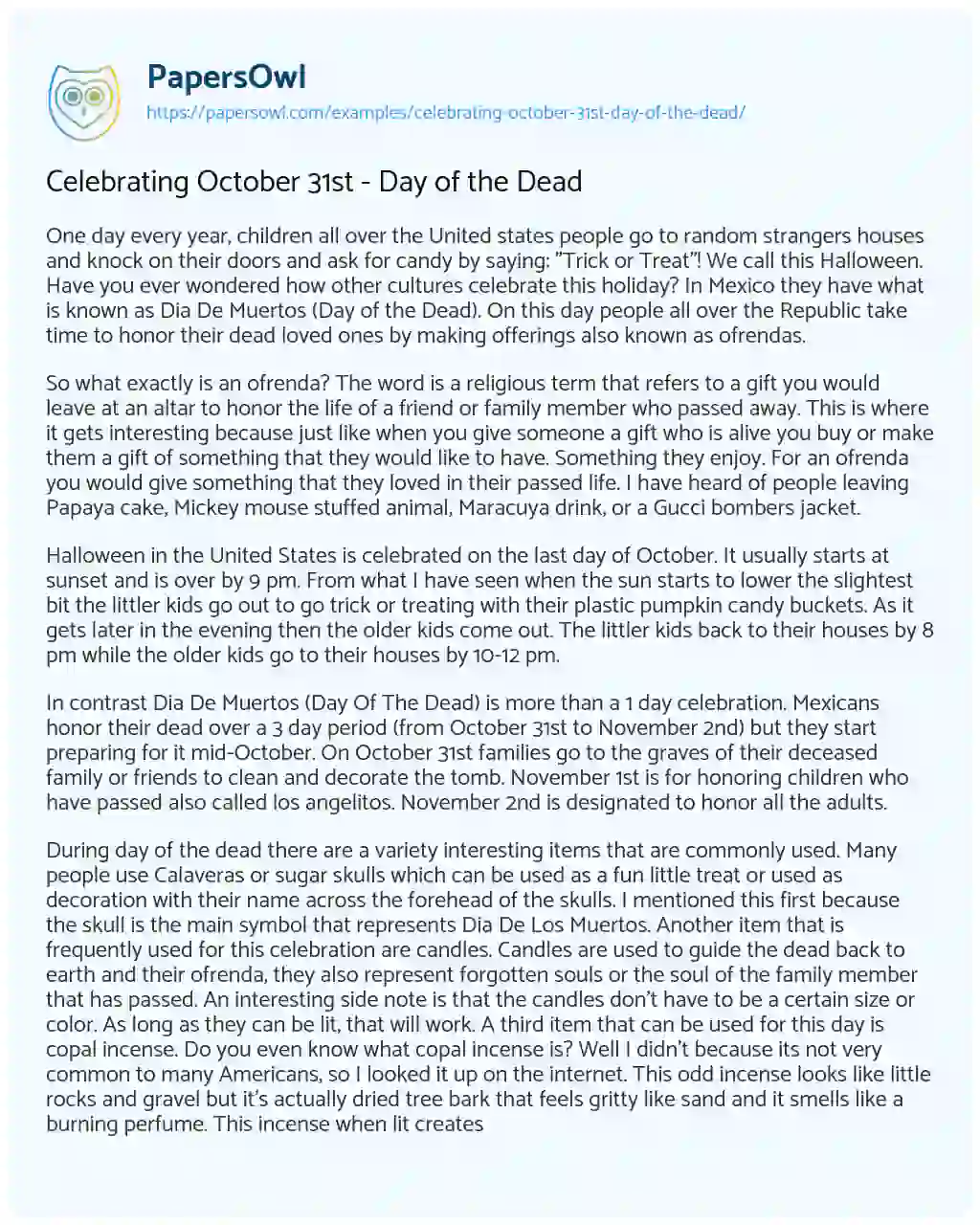 Essay on Celebrating October 31st – Day of the Dead