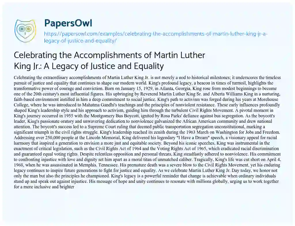 Essay on Celebrating the Accomplishments of Martin Luther King Jr.: a Legacy of Justice and Equality