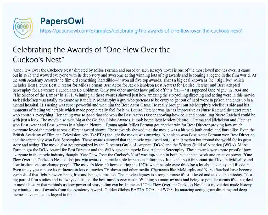 Essay on Celebrating the Awards of “One Flew over the Cuckoo’s Nest”