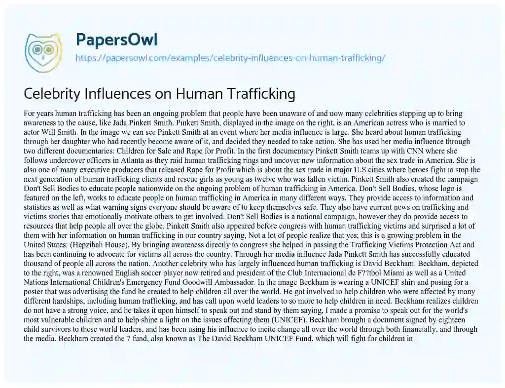 Essay on Celebrity Influences on Human Trafficking