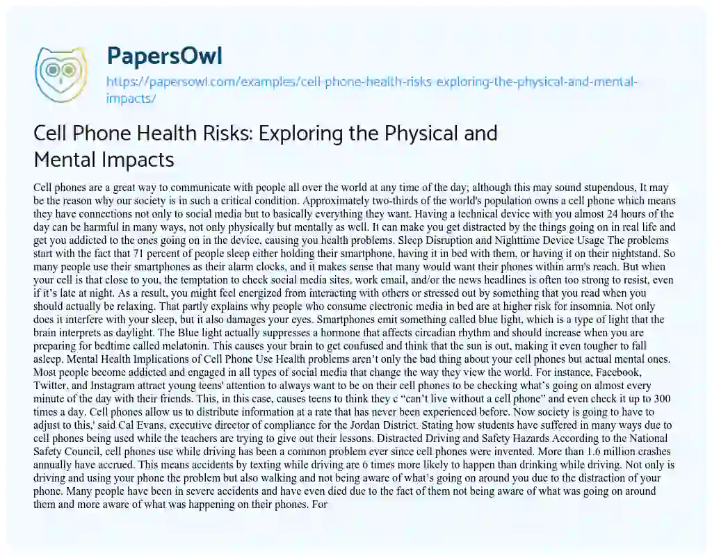 Essay on Cell Phone Health Risks: Exploring the Physical and Mental Impacts