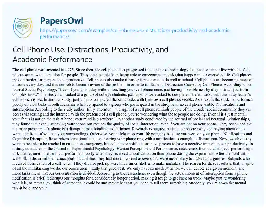 Essay on Cell Phone Use: Distractions, Productivity, and Academic Performance