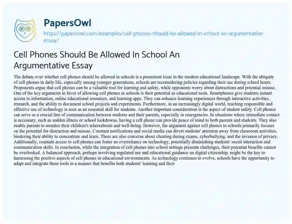 Essay on Cell Phones should be Allowed in School an Argumentative Essay