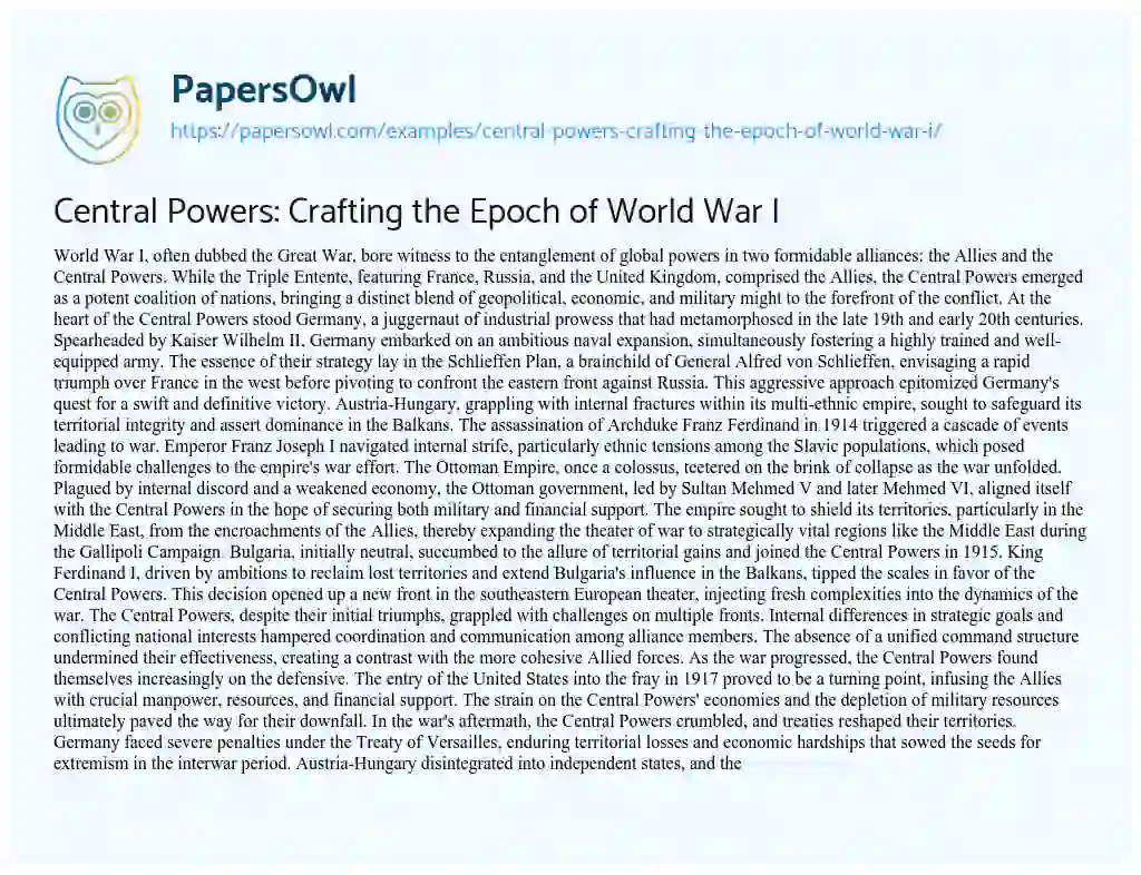 Essay on Central Powers: Crafting the Epoch of World War i