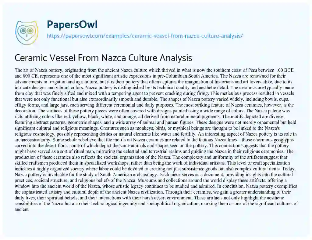 Essay on Ceramic Vessel from Nazca Culture Analysis
