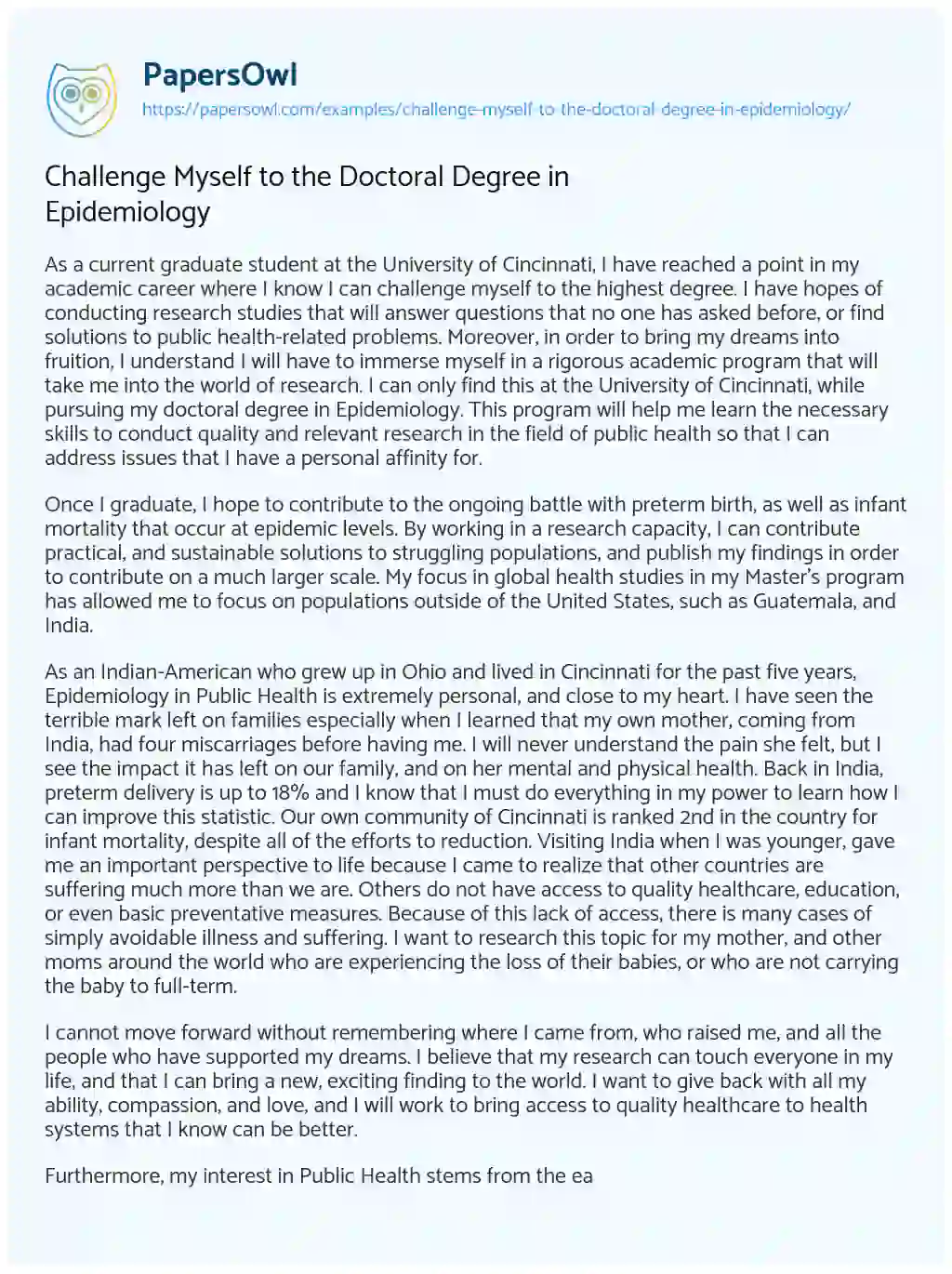 Essay on Challenge myself to the Doctoral Degree in Epidemiology
