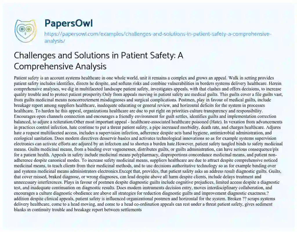 Essay on Challenges and Solutions in Patient Safety: a Comprehensive Analysis