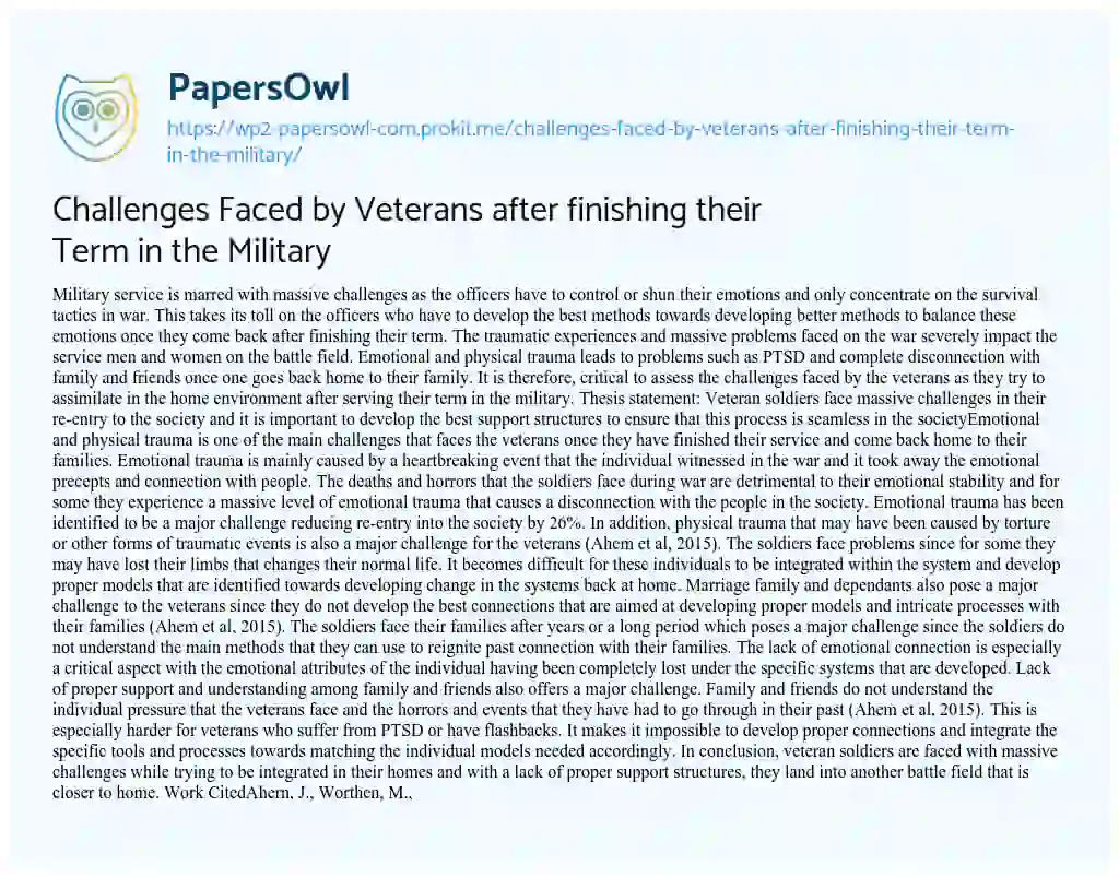 Essay on Challenges Faced by Veterans after Finishing their Term in the Military