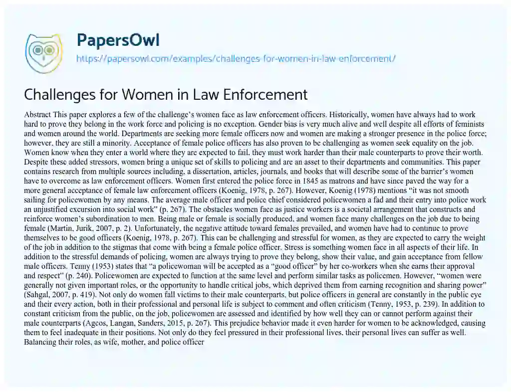 Essay on Challenges for Women in Law Enforcement