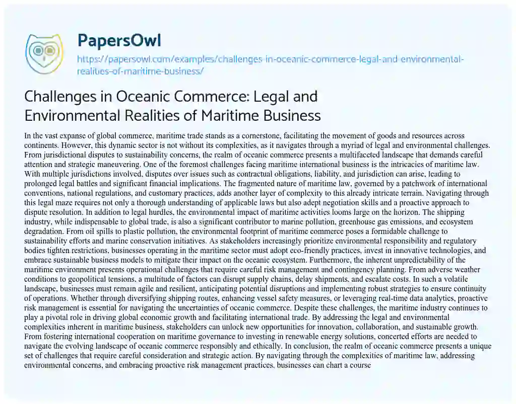 Essay on Challenges in Oceanic Commerce: Legal and Environmental Realities of Maritime Business