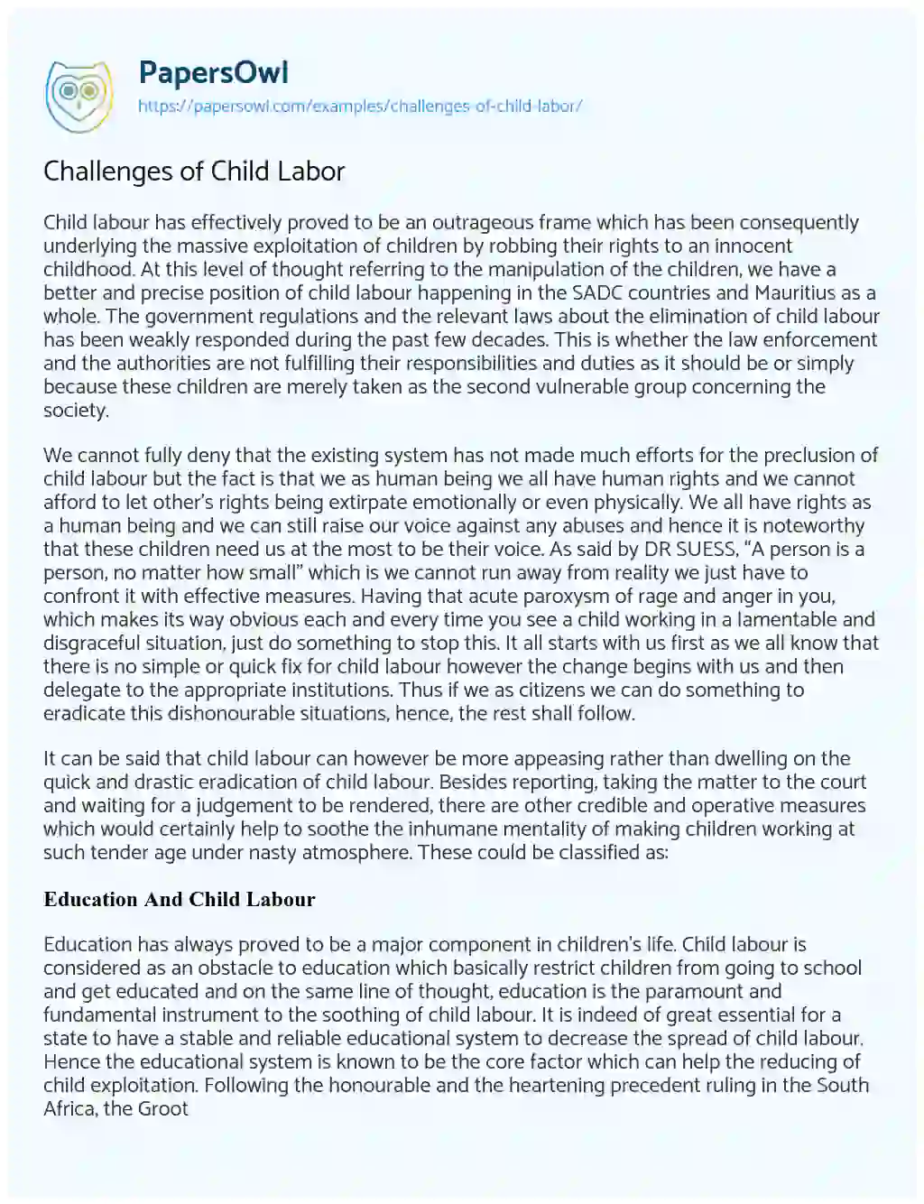 Essay on Challenges of Child Labor