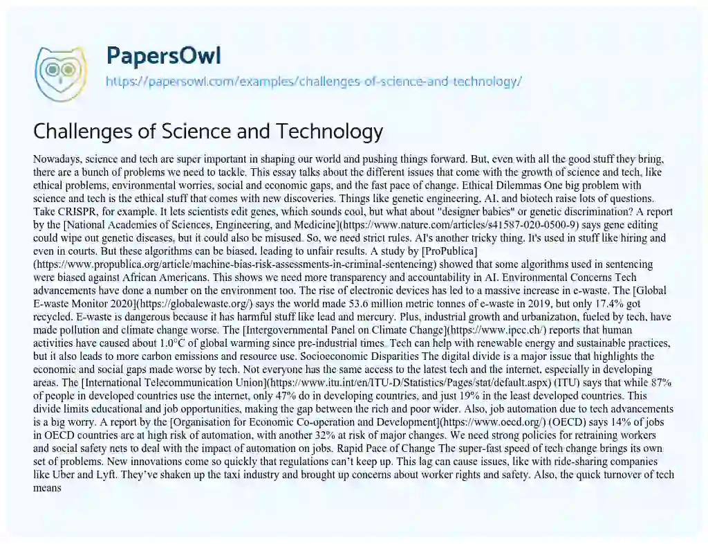 Essay on Challenges of Science and Technology