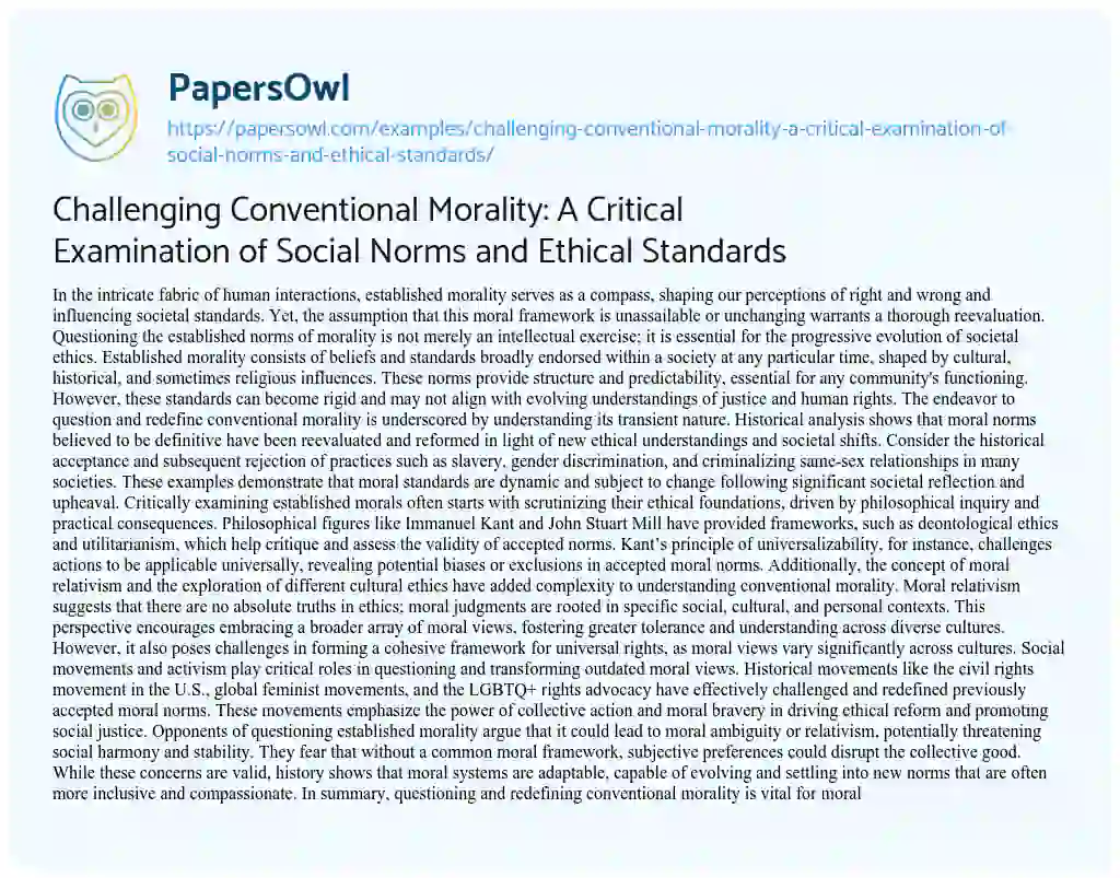 Essay on Challenging Conventional Morality: a Critical Examination of Social Norms and Ethical Standards
