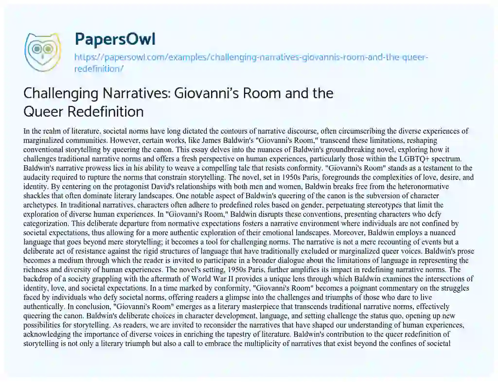 Essay on Challenging Narratives: Giovanni’s Room and the Queer Redefinition