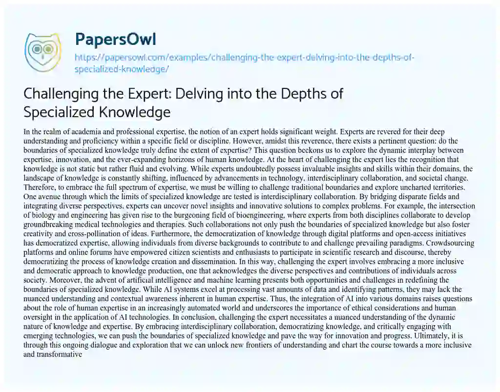 Essay on Challenging the Expert: Delving into the Depths of Specialized Knowledge