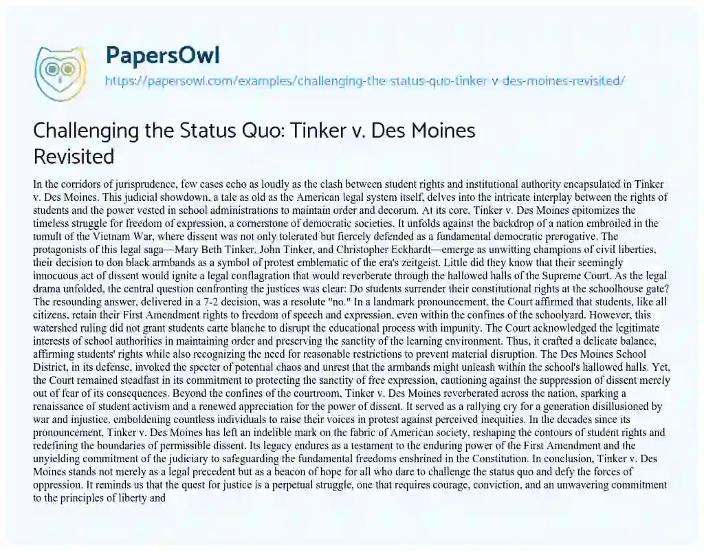 Challenging the Status Quo: Tinker v. Des Moines Revisited - Free Essay ...