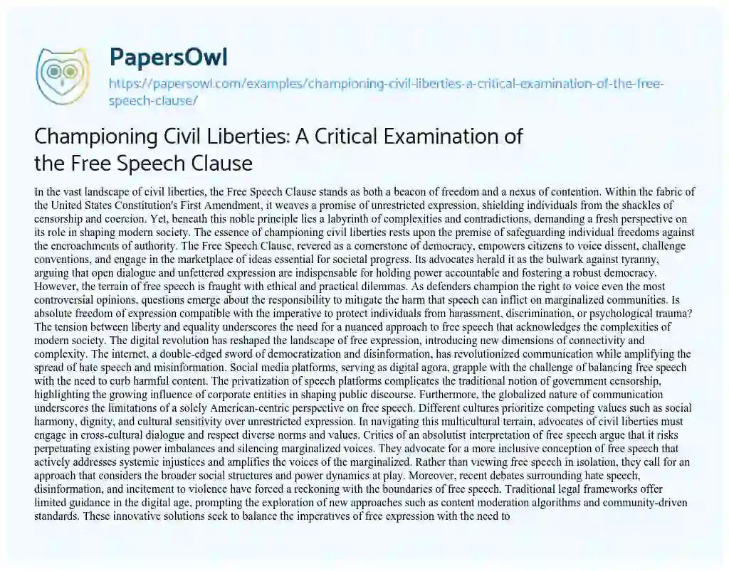 Essay on Championing Civil Liberties: a Critical Examination of the Free Speech Clause